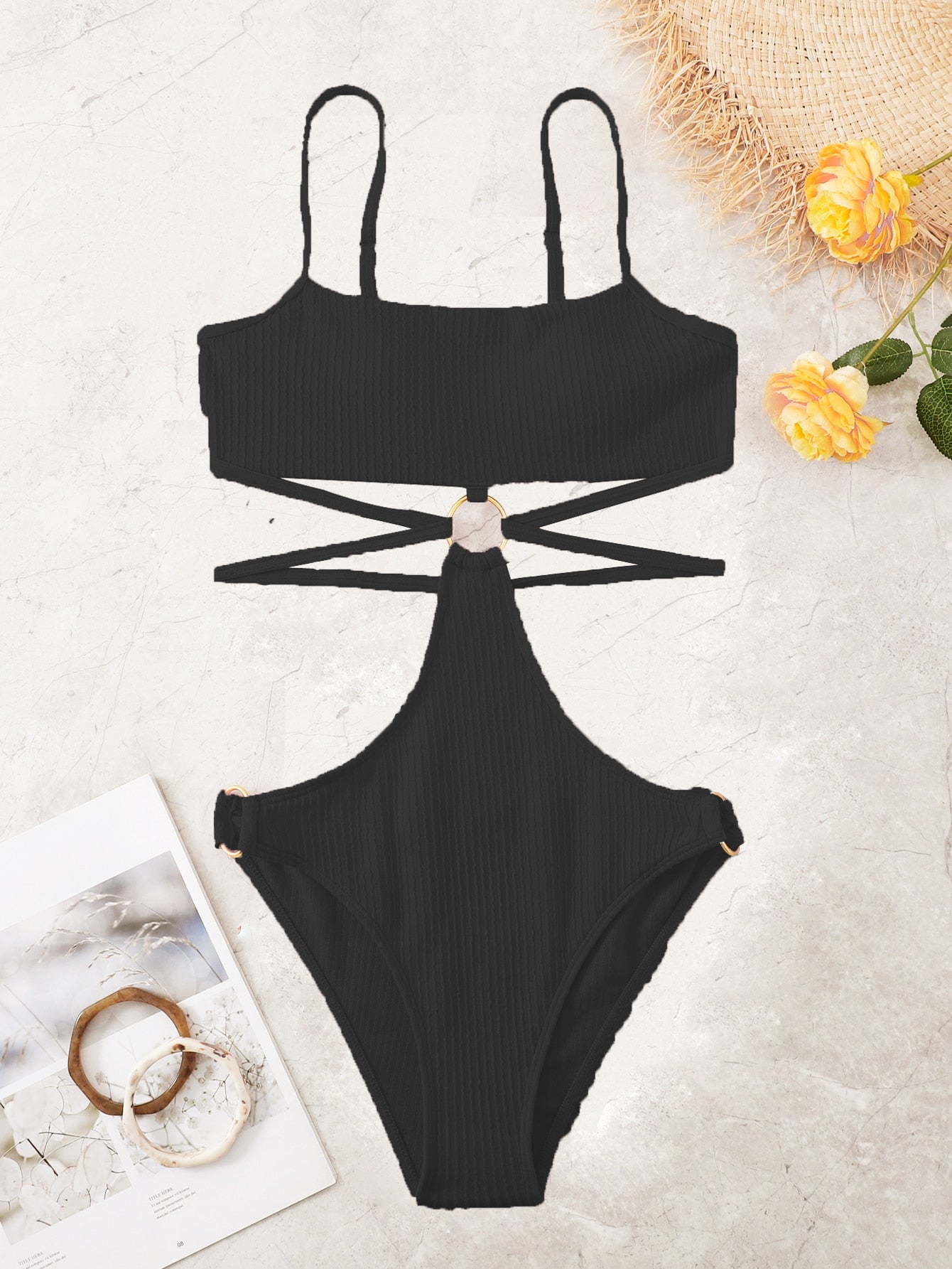 Ring-Linked Cut-Out One-Piece Swimsuit - Tropical Tide