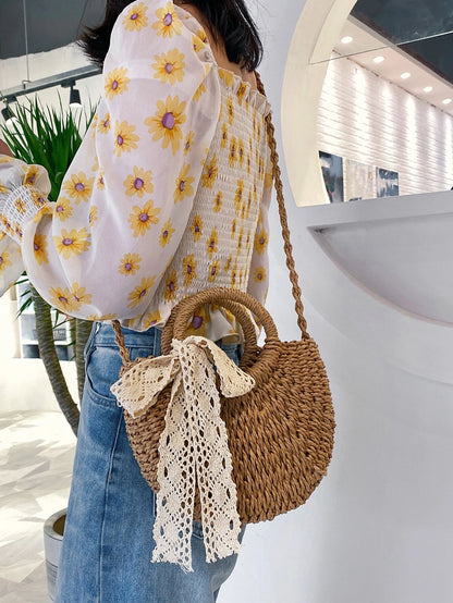 Summer Chic Straw Tote with Scarf - Tropical Tide