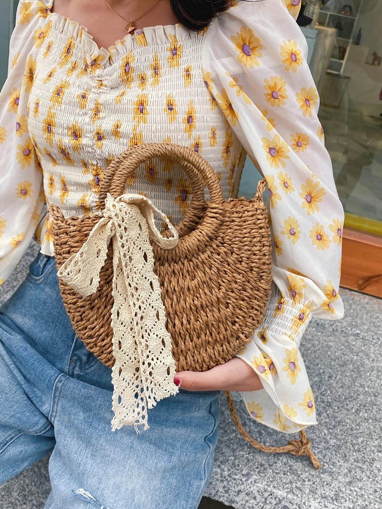 Summer Chic Straw Tote with Scarf - Tropical Tide