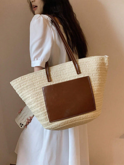 Stylish Two-Tone Summer Straw Tote Bag - Tropical Tide