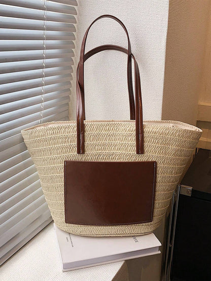 Stylish Two-Tone Summer Straw Tote Bag - Tropical Tide