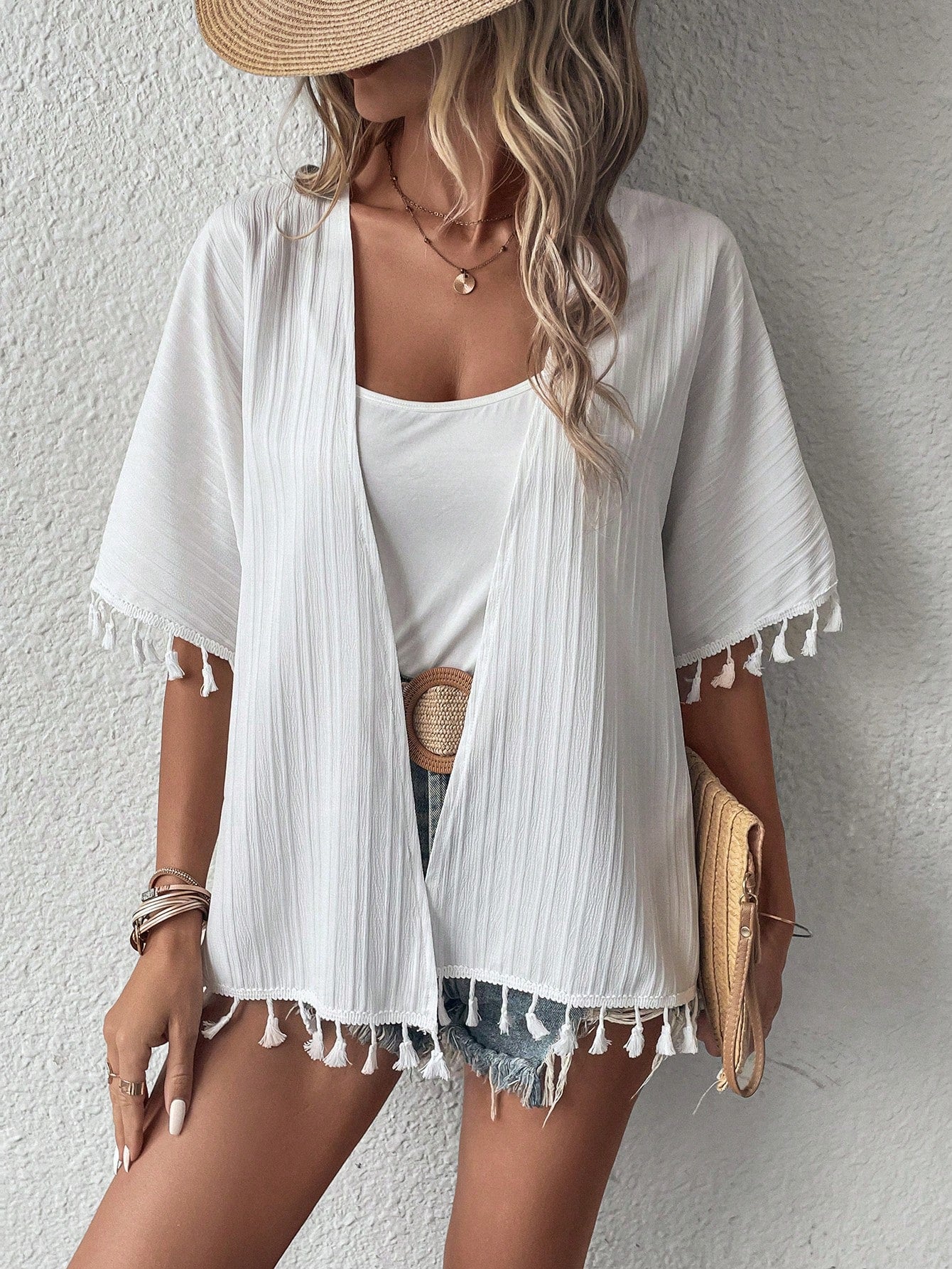 Tassel Trim Batwing Sleeve Kimono - Tropical Tide