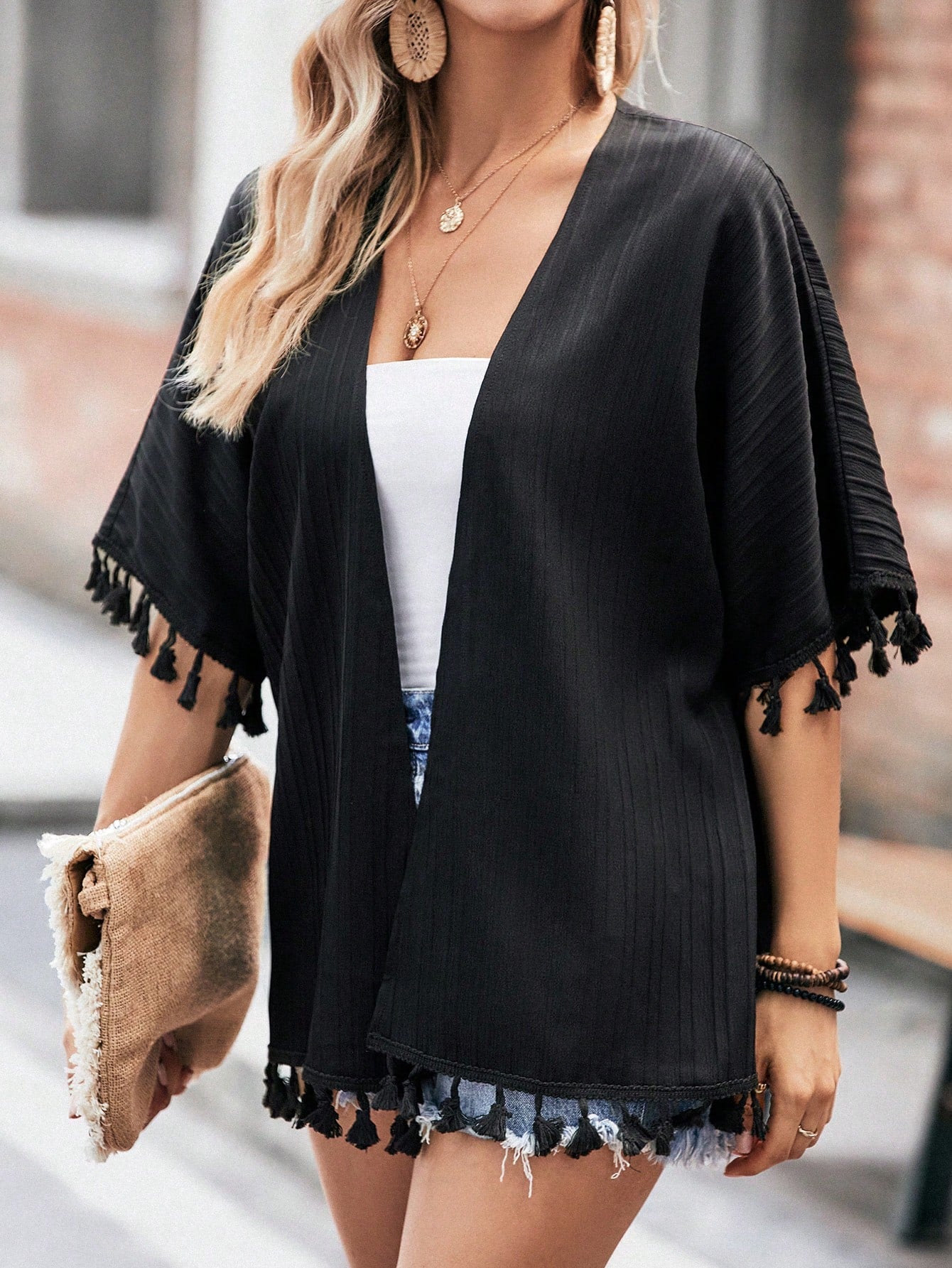 Tassel Trim Batwing Sleeve Kimono - Tropical Tide