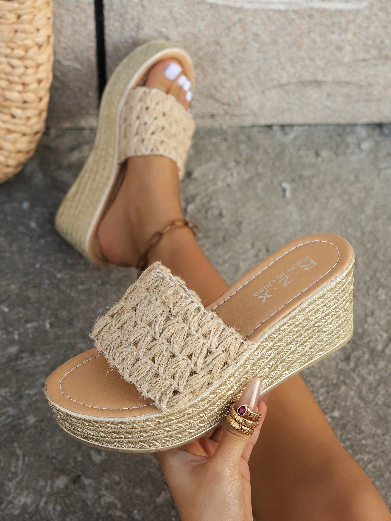 Vacation Chic Woven Bottom Flat Sandals - Tropical Tide